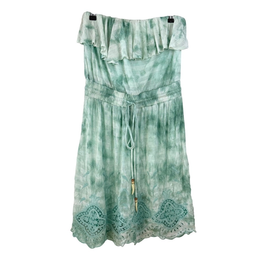 VTG Miss Me LARGE Tie Dye Strapless MINI Dress Lace Boho Beach COWGIRL RODEO Y2K